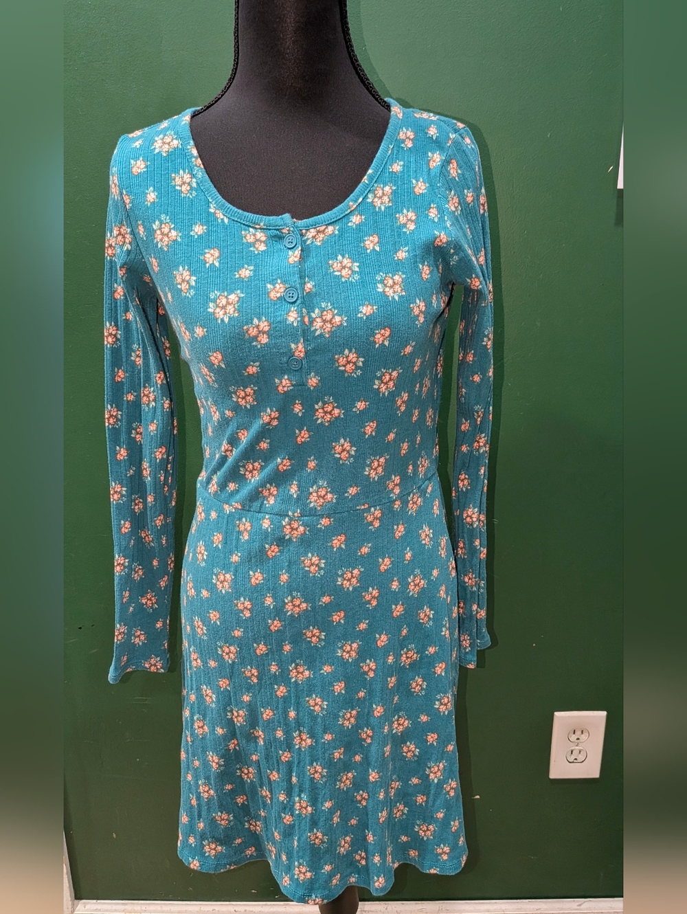 art class Teal Floral Ribbed Henley  Dress